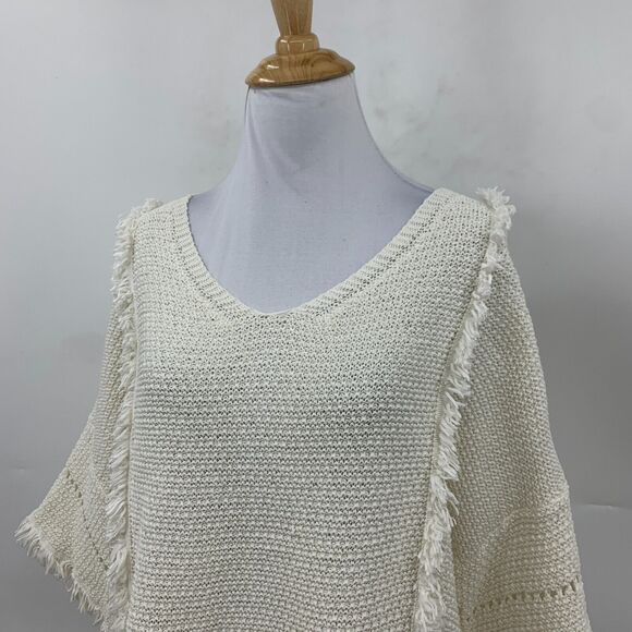 Lou & Grey Textured Weave Fringe Shirt Womens M Medium Cream Boho Mid Sleeve Top - Picture 3 of 11